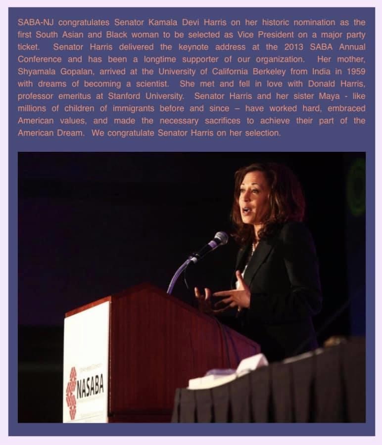 SABA-NJ congratulates Senator Kamala Devi Harris